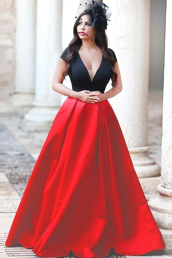 A-line  Red V-neck Short Sleeves Sweep Train Pleated Prom Dress P55