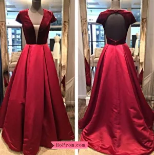 A Line Red Velvet Prom Dress with Open Back