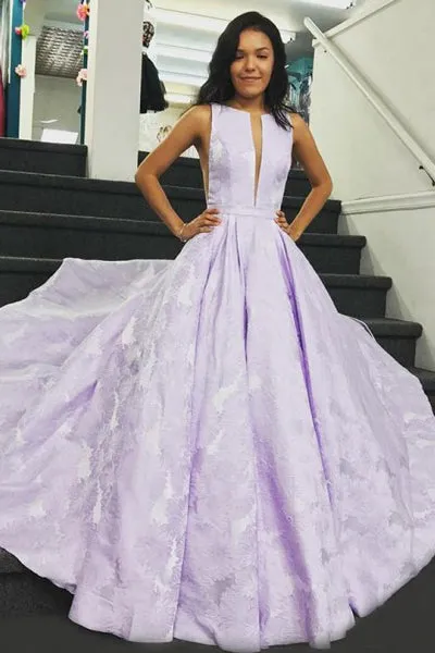 A-Line Round Neck Floor-Length Lilac Printed Prom Dress with Pleats LPD083