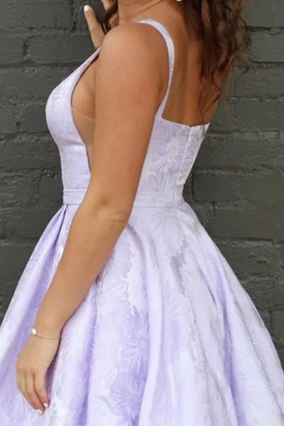 A-Line Round Neck Floor-Length Lilac Printed Prom Dress with Pleats LPD083