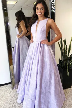 A-Line Round Neck Floor-Length Lilac Printed Prom Dress with Pleats LPD083