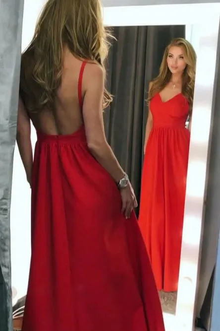 A-Line Spaghetti Straps Backless Floor-Length Red Satin Prom Dress OHC002