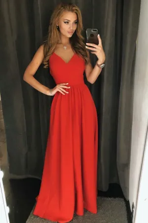 A-Line Spaghetti Straps Backless Floor-Length Red Satin Prom Dress OHC002