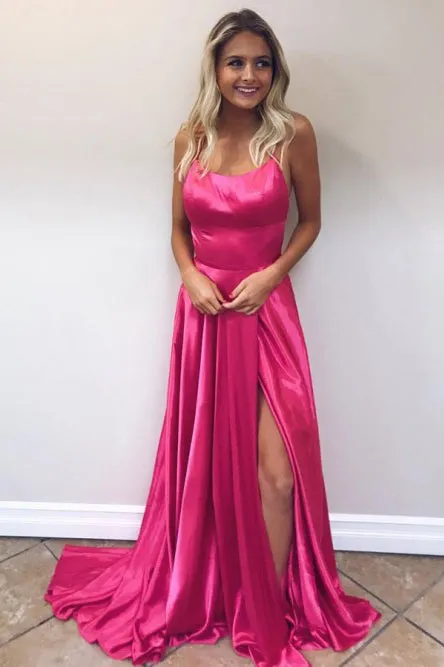 A-Line Spaghetti Straps Lace Up Sweep Train Fuchsia Prom Dress with Split CAD66