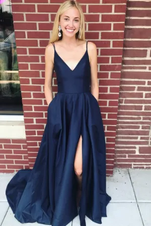 A-Line Spaghetti Straps Sweep Train Dark Blue Satin Prom Dress with Split Pockets CAD61