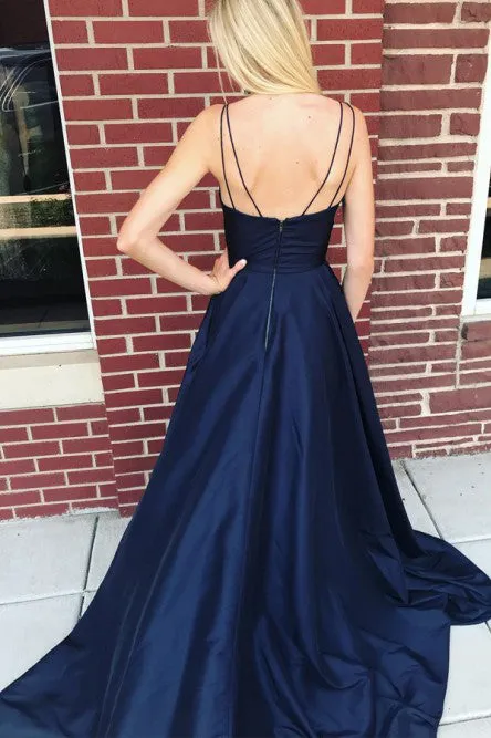 A-Line Spaghetti Straps Sweep Train Dark Blue Satin Prom Dress with Split Pockets CAD61