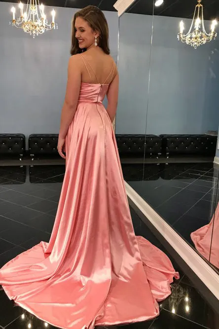 A-Line Spaghetti Straps Sweep Train Pink Prom Dress with Split OHC035