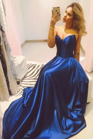 A Line Sweetheart Sweep Train Sleeveless Long Senior Navy Blue Satin Prom Dress Party Dress OHC332