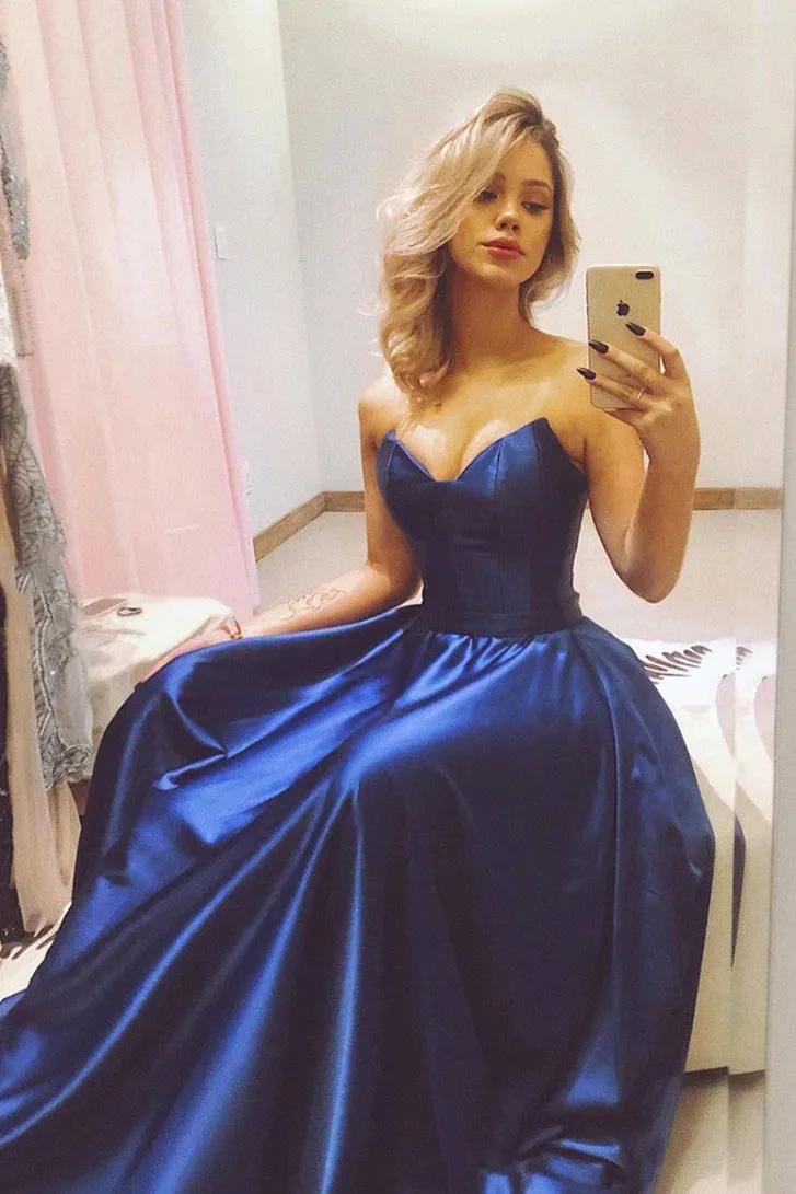 A Line Sweetheart Sweep Train Sleeveless Long Senior Navy Blue Satin Prom Dress Party Dress OHC332