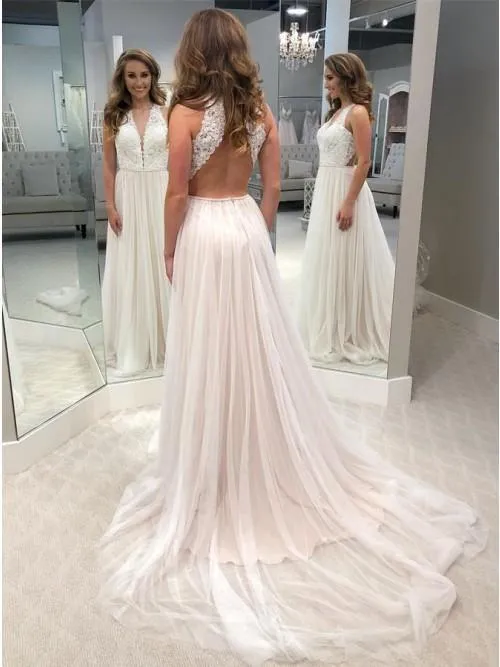 A-Line V-Neck Open Back Tulle Wedding Dress with Lace Bodice TN122