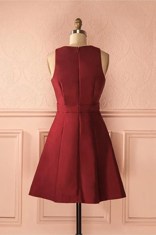 A-Line V-Neck Sleeveless Lace-Up Short Burgundy Satin Homecoming Dress  TR0161
