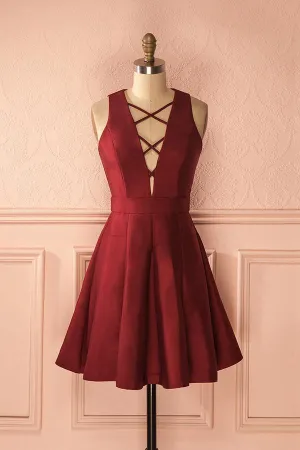 A-Line V-Neck Sleeveless Lace-Up Short Burgundy Satin Homecoming Dress  TR0161