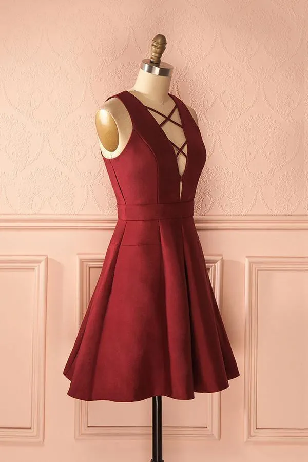 A-Line V-Neck Sleeveless Lace-Up Short Burgundy Satin Homecoming Dress  TR0161