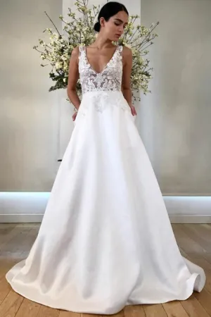 A-Line V-Neck Sweep Train Appliqued Sleeveless Satin Wedding Dress with Pockets OHD114