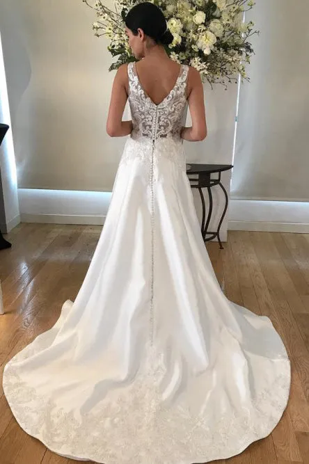 A-Line V-Neck Sweep Train Appliqued Sleeveless Satin Wedding Dress with Pockets OHD114