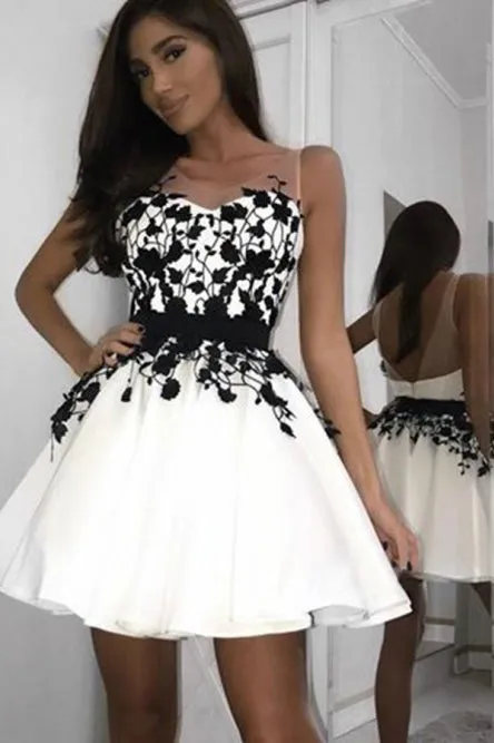 A-line White Pleats Short Homecoming Dress with Black Lace Appliques OHM209