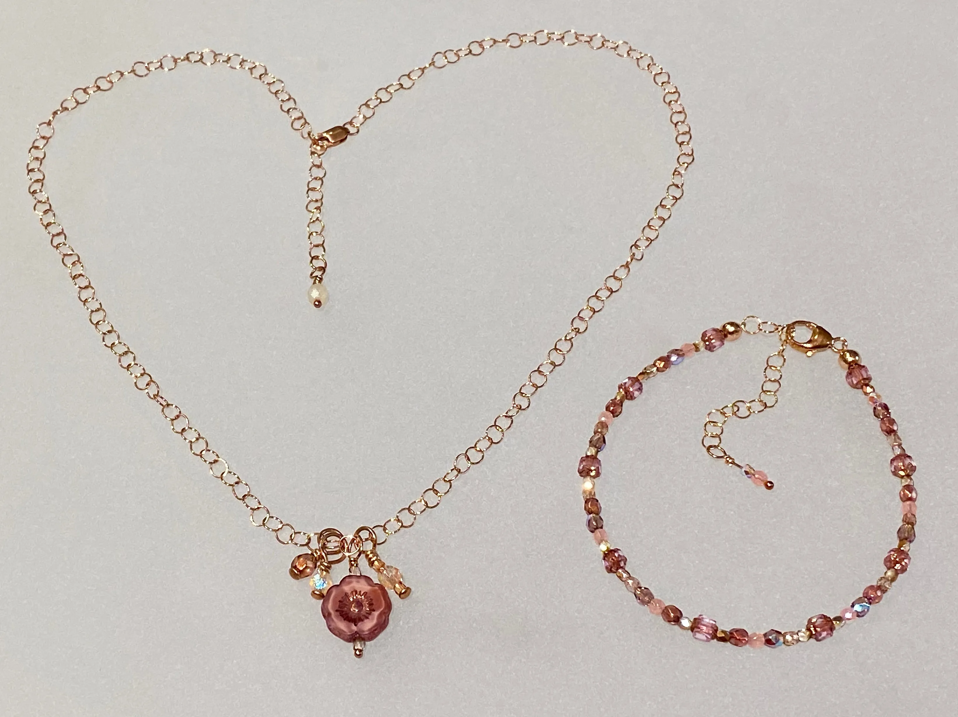 Adjustable "Burnished Rose" Trinket Necklace by Arpaia in 14/20 Rose Gold Filled with Czech Glass