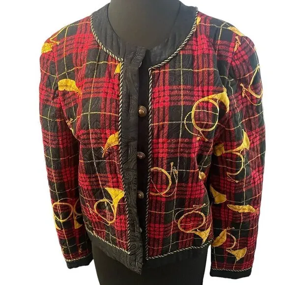 Adrianna Papell 100%Silk Quilted Plaid Horn Baroque Jacket, Size 10