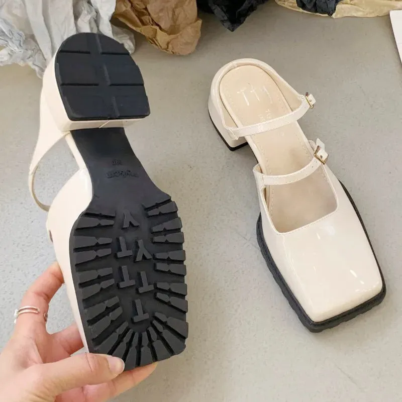 ADVBRIDGE  -  Retro Square Toe Belt Buckle Women Sandals Fashion Narrow Strap Square Heel Mary Jane Shoes Comfort Patent Leather Designer Shoe