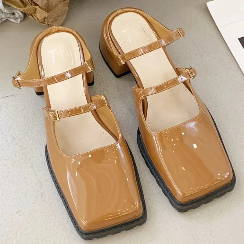 ADVBRIDGE  -  Retro Square Toe Belt Buckle Women Sandals Fashion Narrow Strap Square Heel Mary Jane Shoes Comfort Patent Leather Designer Shoe