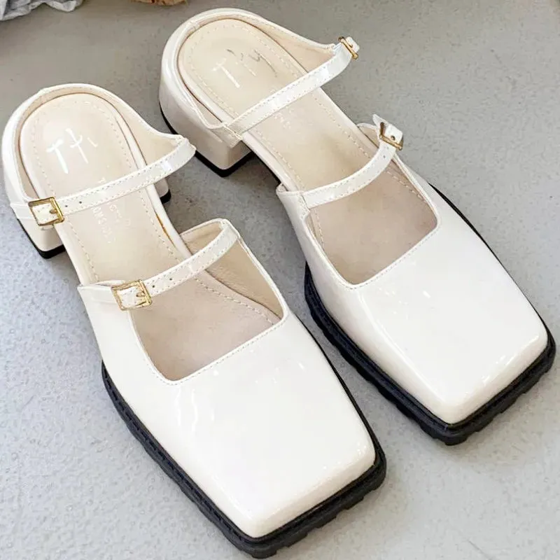 ADVBRIDGE  -  Retro Square Toe Belt Buckle Women Sandals Fashion Narrow Strap Square Heel Mary Jane Shoes Comfort Patent Leather Designer Shoe