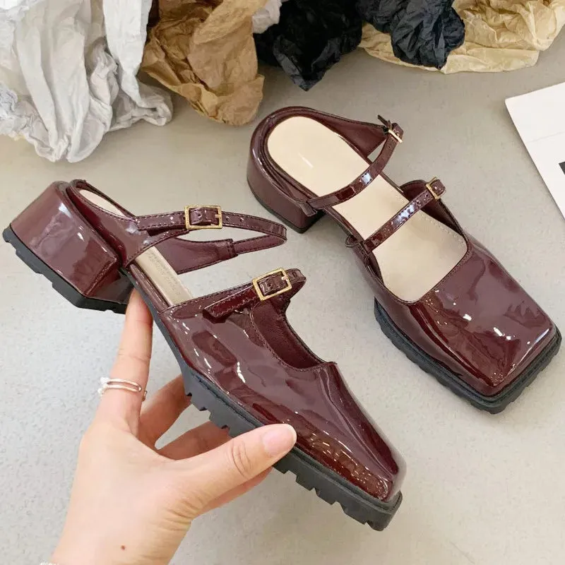 ADVBRIDGE  -  Retro Square Toe Belt Buckle Women Sandals Fashion Narrow Strap Square Heel Mary Jane Shoes Comfort Patent Leather Designer Shoe