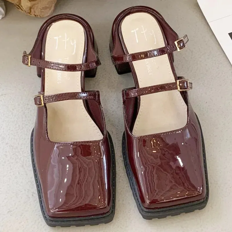ADVBRIDGE  -  Retro Square Toe Belt Buckle Women Sandals Fashion Narrow Strap Square Heel Mary Jane Shoes Comfort Patent Leather Designer Shoe