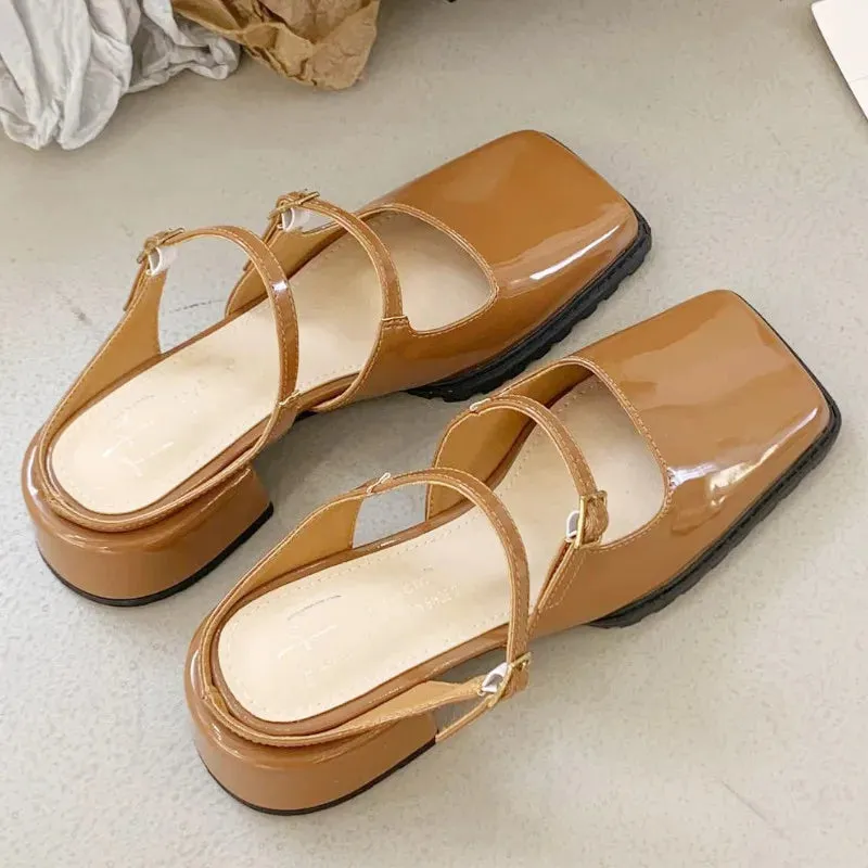 ADVBRIDGE  -  Retro Square Toe Belt Buckle Women Sandals Fashion Narrow Strap Square Heel Mary Jane Shoes Comfort Patent Leather Designer Shoe