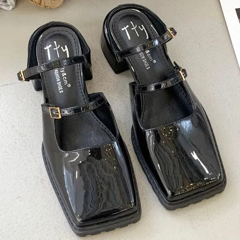 ADVBRIDGE  -  Retro Square Toe Belt Buckle Women Sandals Fashion Narrow Strap Square Heel Mary Jane Shoes Comfort Patent Leather Designer Shoe