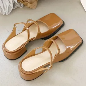 ADVBRIDGE  -  Retro Square Toe Belt Buckle Women Sandals Fashion Narrow Strap Square Heel Mary Jane Shoes Comfort Patent Leather Designer Shoe
