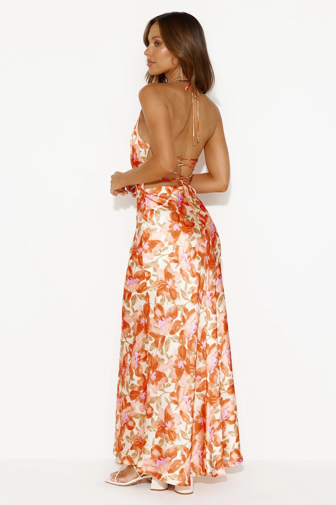 Affectionate Mood Satin Halter Maxi Dress Orange