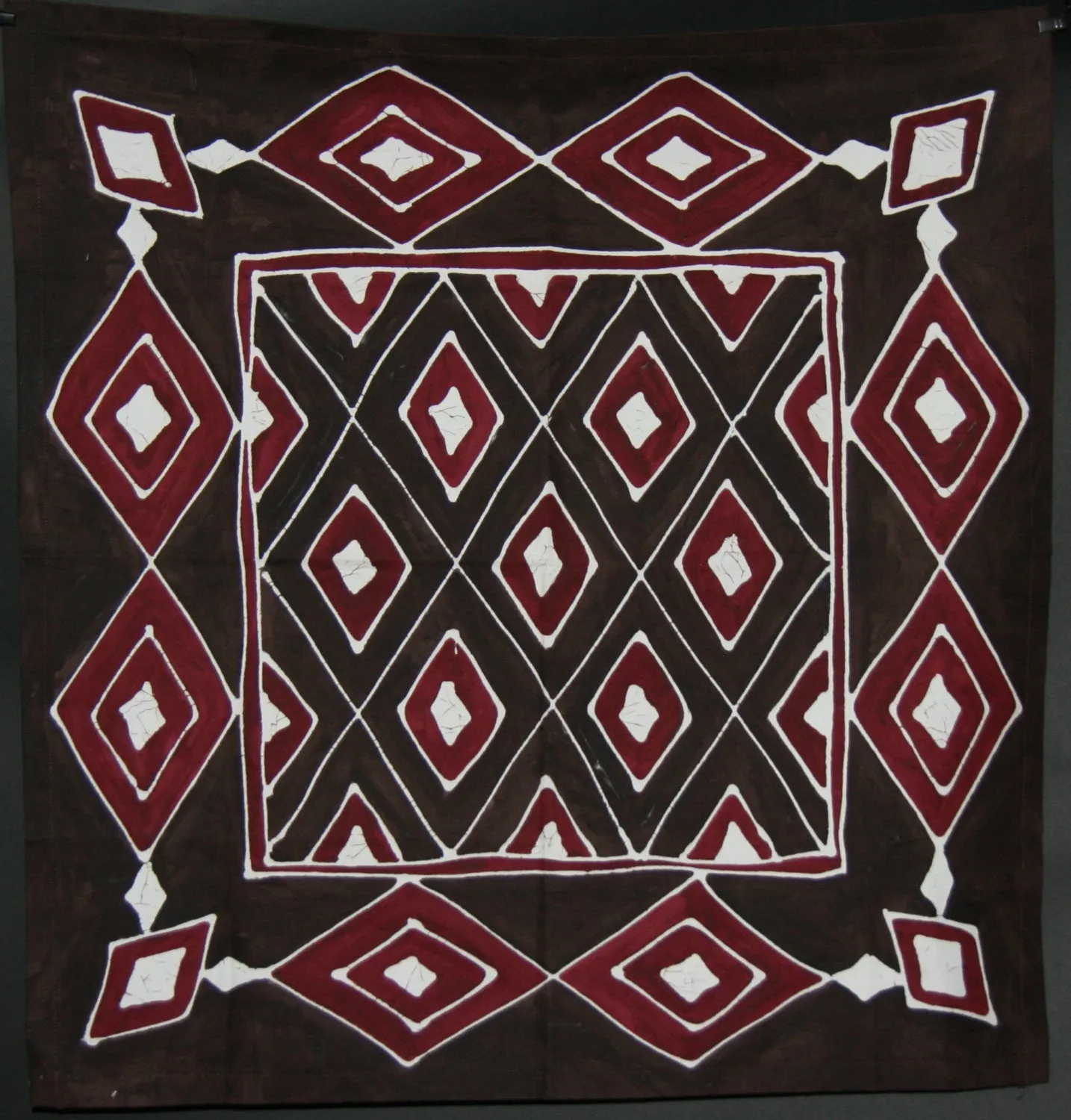 African Table Overlay Zulu Tribal Diamonds Chocolate Cranberry Colors  Hand Painted Wall Hanging - 29" X 31"