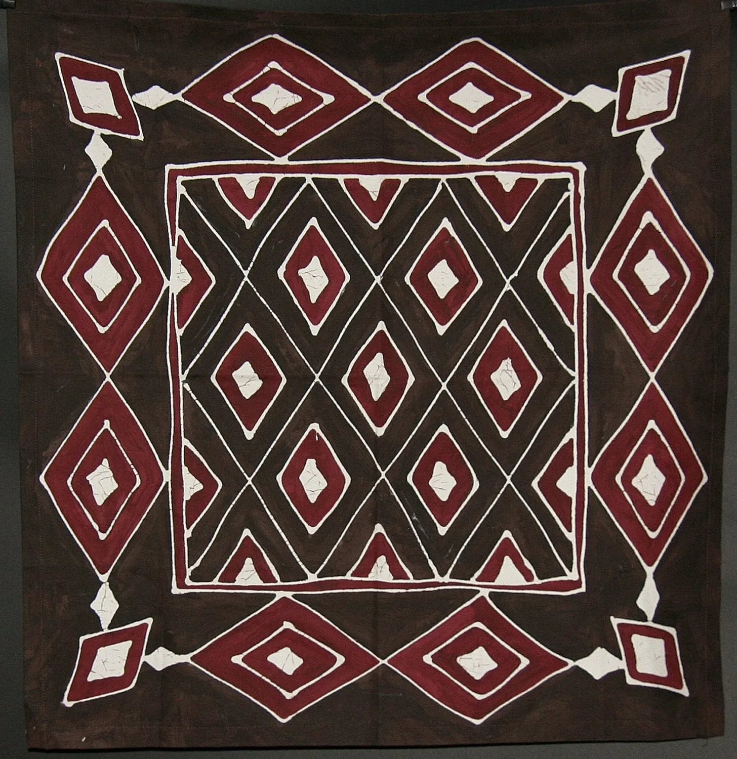 African Table Overlay Zulu Tribal Diamonds Chocolate Cranberry Colors  Hand Painted Wall Hanging - 29" X 31"