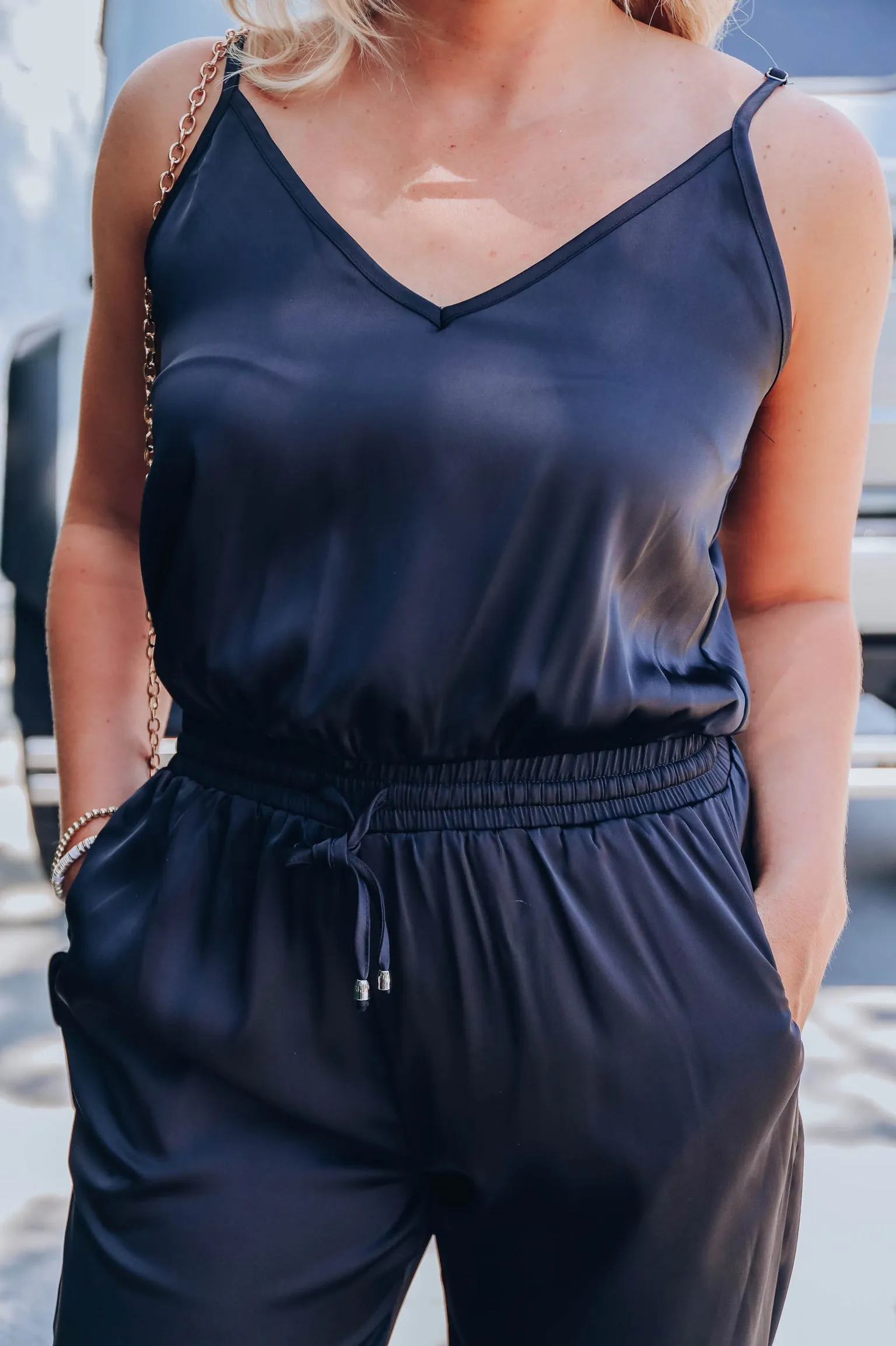 After Hours Satin Sleeveless Jumpsuit - Black