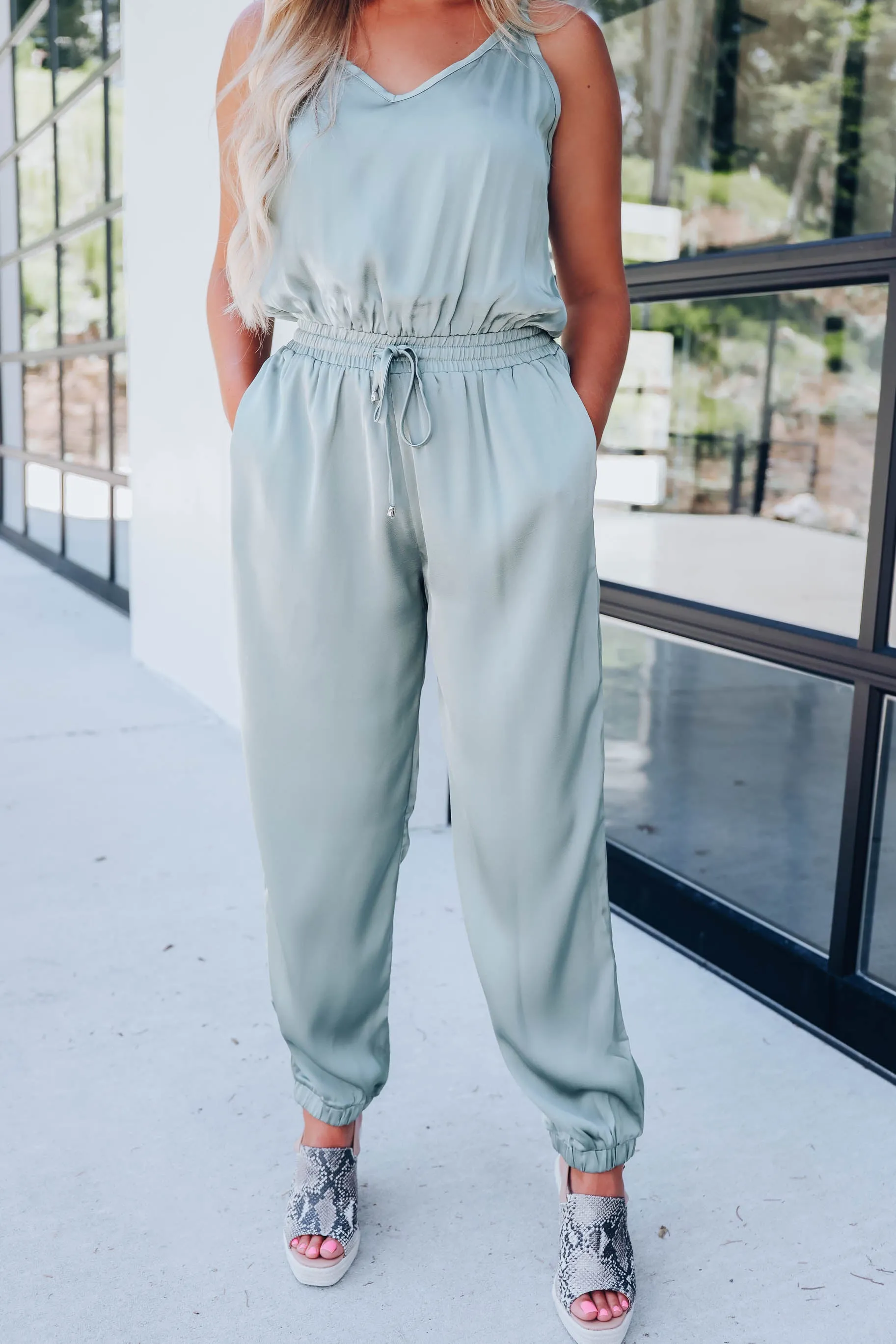 After Hours Satin Sleeveless Jumpsuit - Olive