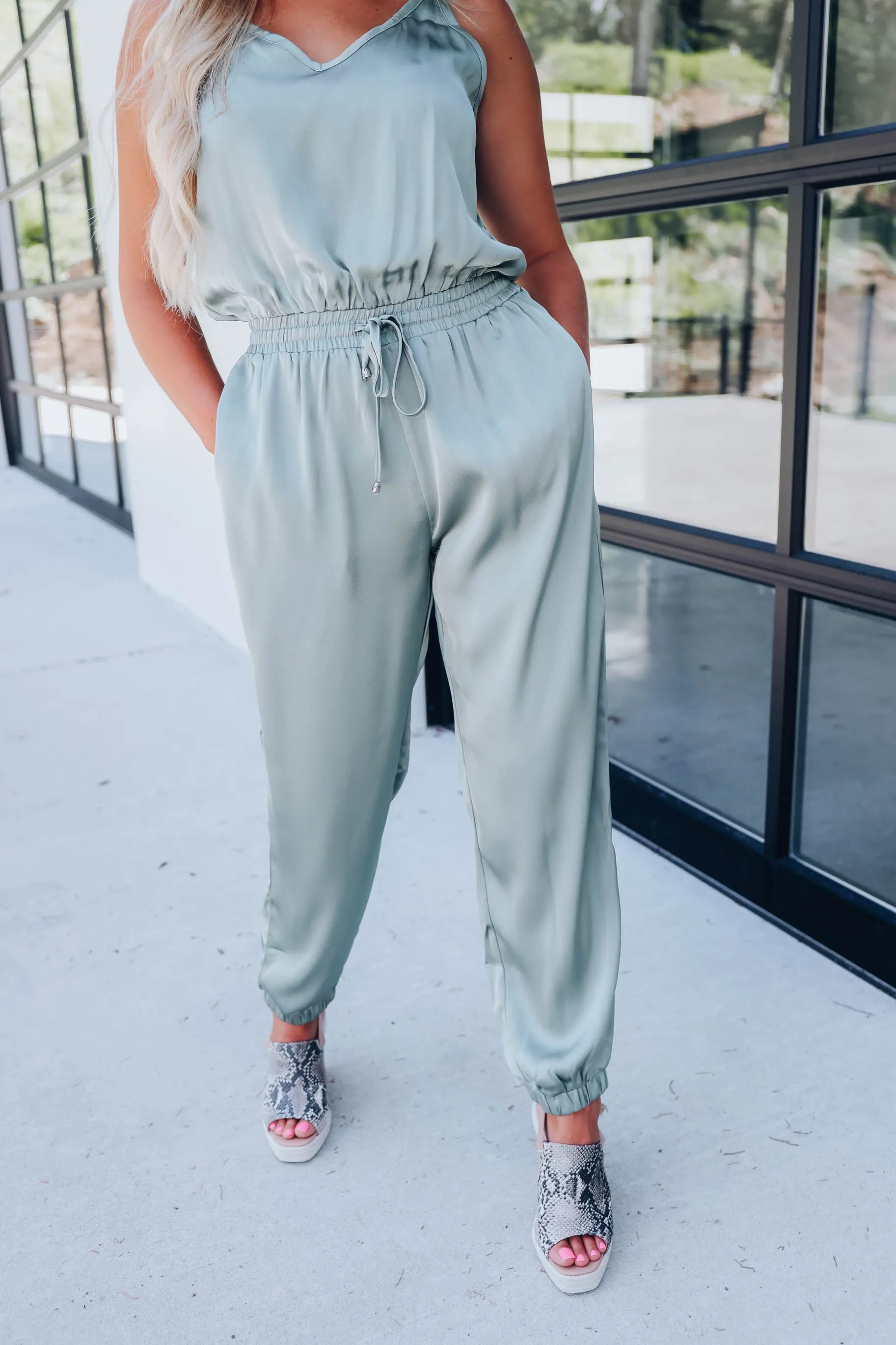 After Hours Satin Sleeveless Jumpsuit - Olive