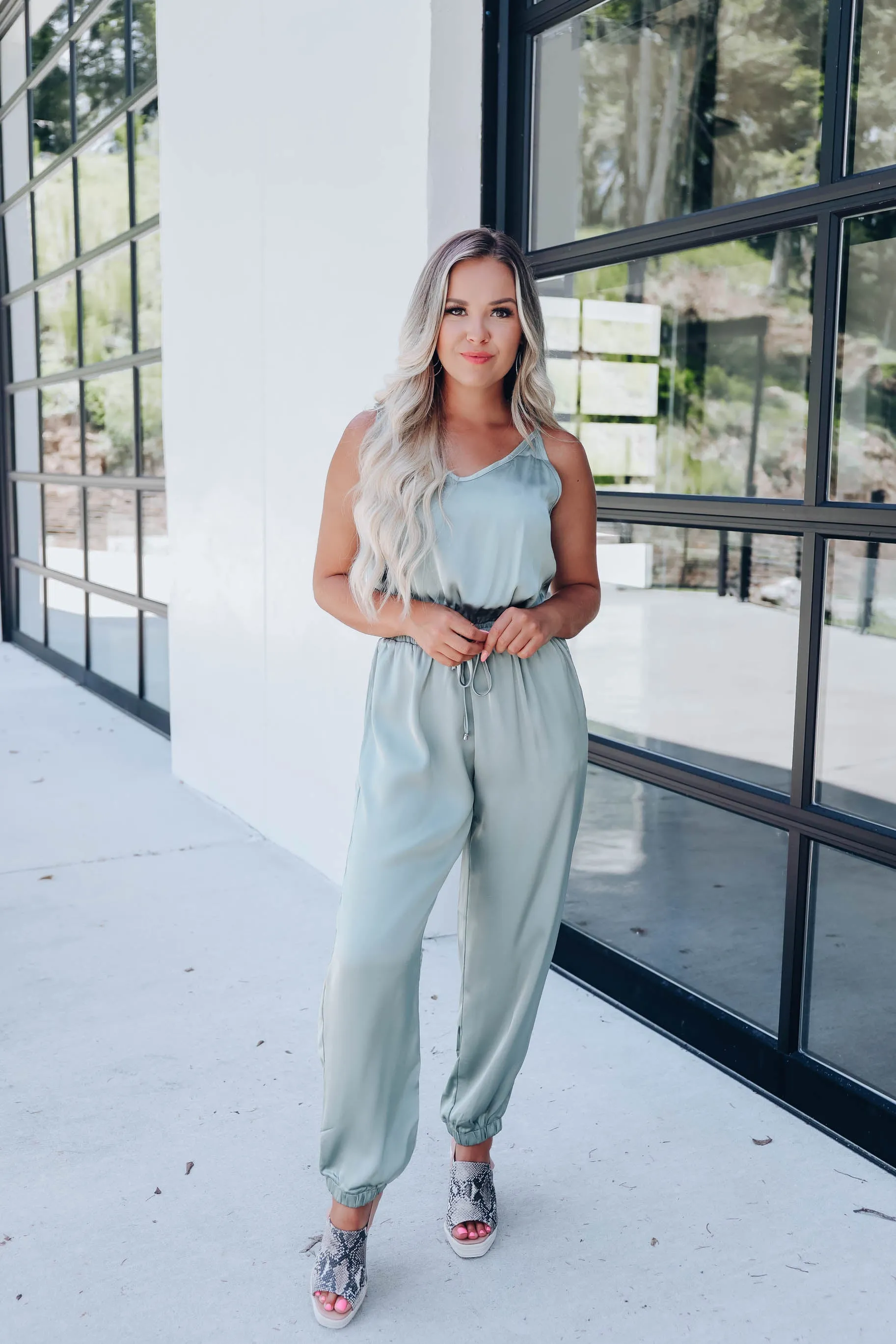After Hours Satin Sleeveless Jumpsuit - Olive