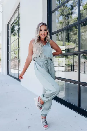 After Hours Satin Sleeveless Jumpsuit - Olive