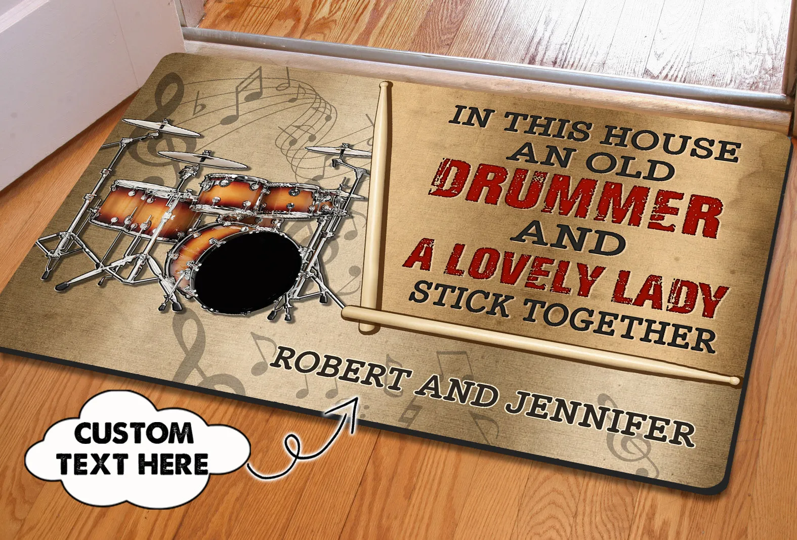 An Old Drummer And A Lovely Lady Personalized Name 3D Doormat 1