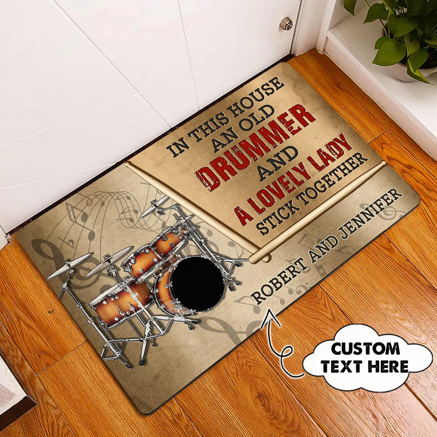 An Old Drummer And A Lovely Lady Personalized Name 3D Doormat 1