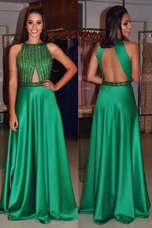 Anneprom Neck Sleeveless Green Prom Dress Open Back With Beading APP0110