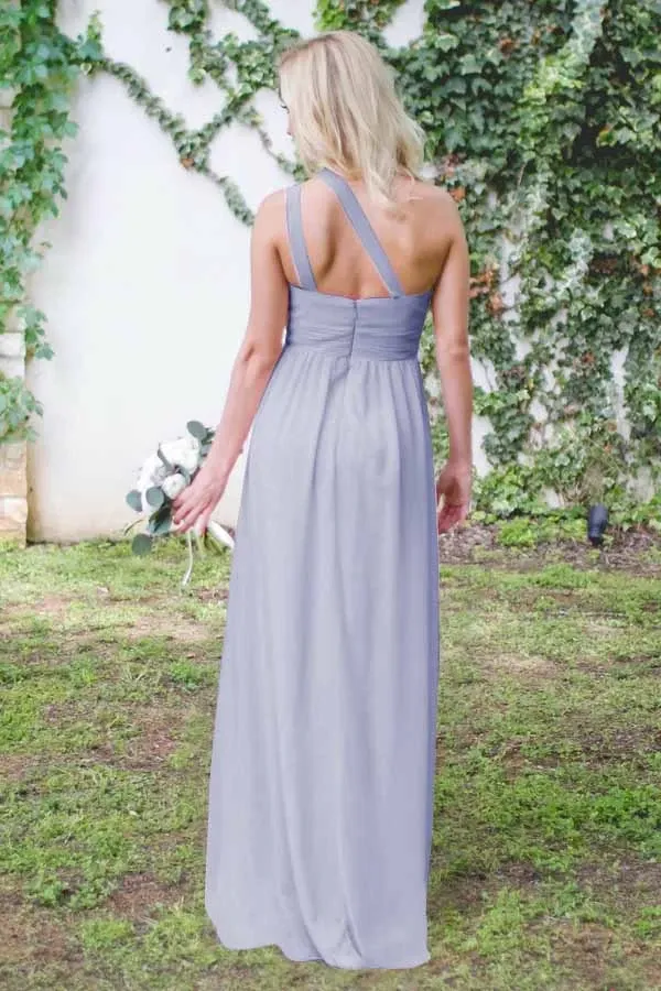 Anneprom One-Shoulder Floor-Length Open Back Lavender Chiffon Bridesmaid Dress APB0073