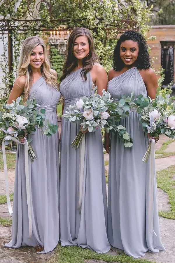 Anneprom One-Shoulder Floor-Length Open Back Lavender Chiffon Bridesmaid Dress APB0073