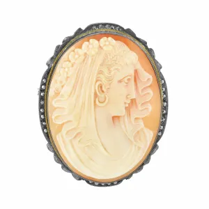 Antique Lady in the Veil in 800 Silver Marcasite Brooch Pendant Carnelian Shell Brooch Pendant Cameo