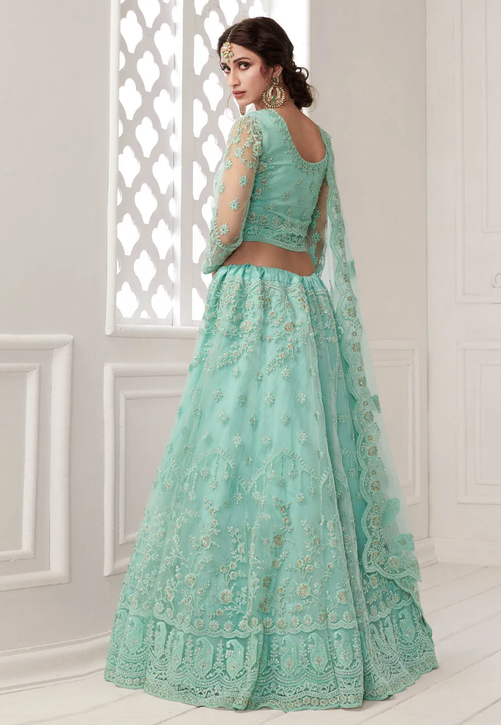 Aqua Blue Embroidered Lehenga Choli