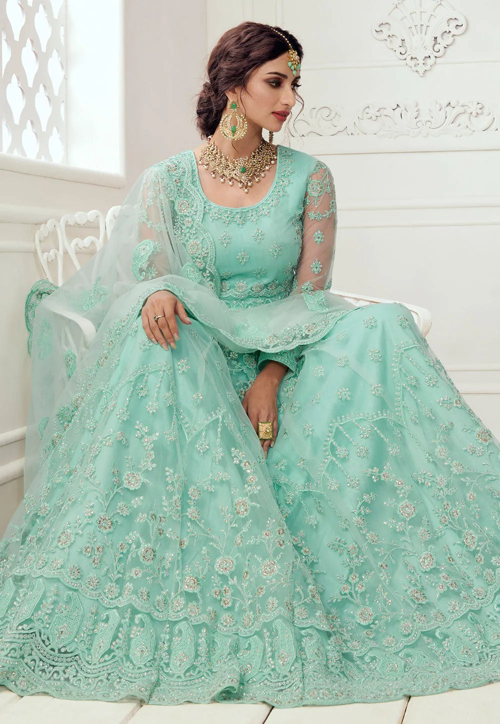 Aqua Blue Embroidered Lehenga Choli