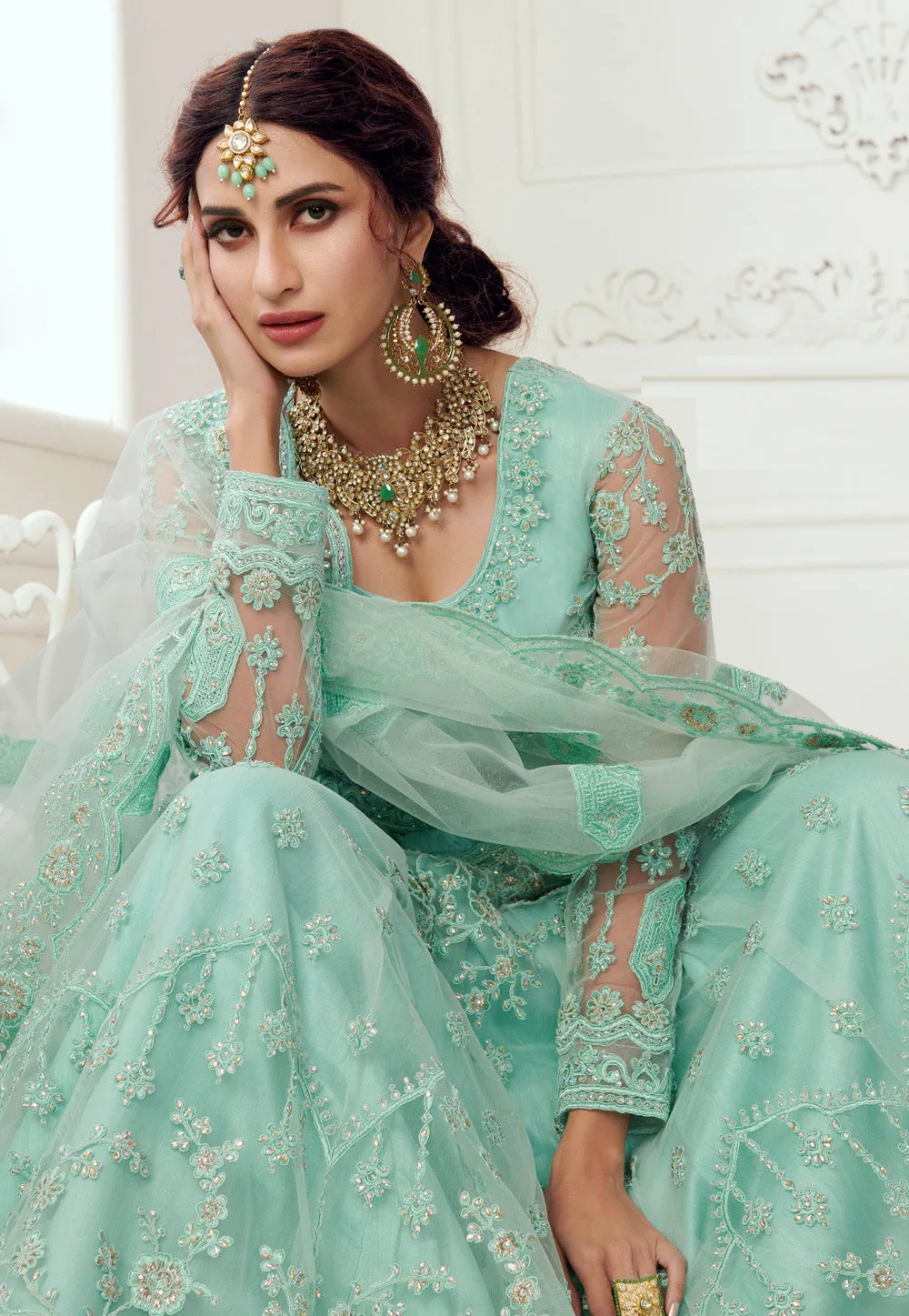 Aqua Blue Embroidered Lehenga Choli
