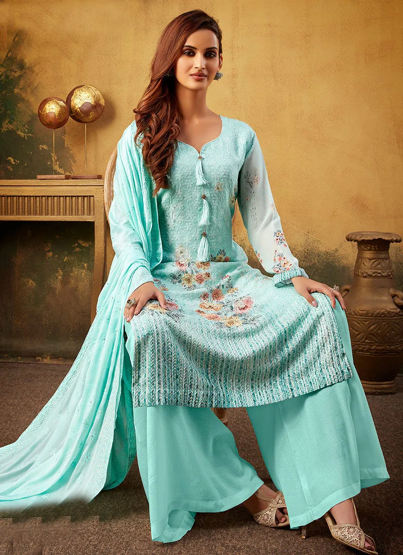 Aqua Blue Embroidered Pakistani Palazzo Suit