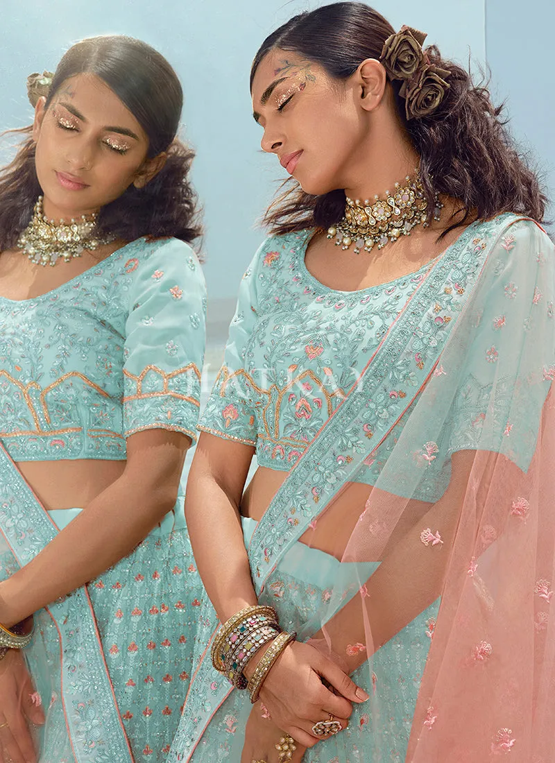 Aqua Blue Zarkan Embroidered Designer Lehenga Choli