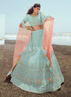 Aqua Blue Zarkan Embroidered Designer Lehenga Choli